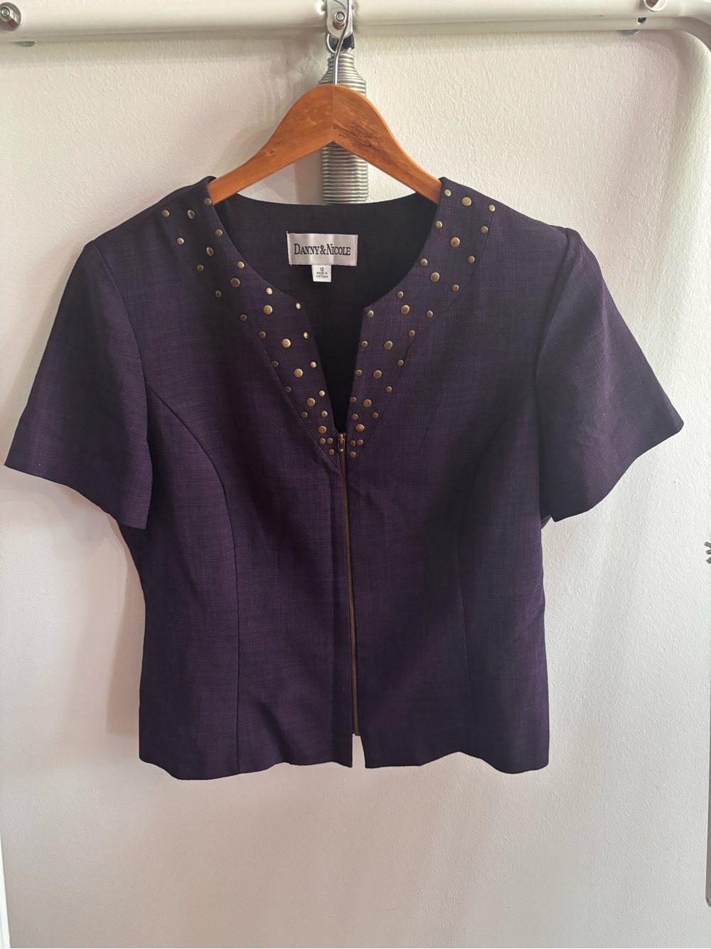 Danny & Nicole Purple Short Sleeve Studded Zip Front Jacket Size 12